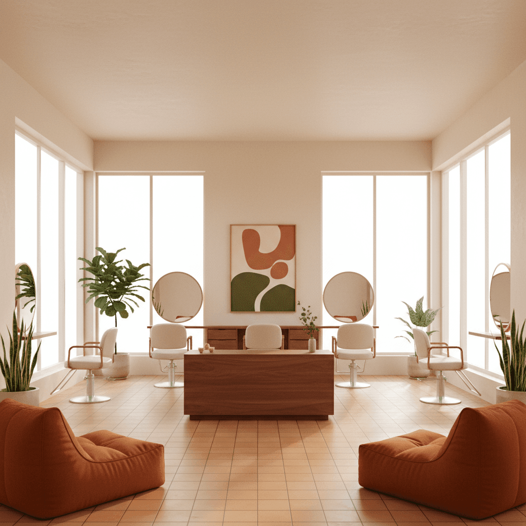 Create a Hair Salon with Warm Minimalist design, featuring a calming atmosphere and soothing color palette. The space is surrounded by large windows allowing natural light to pour in, illuminating a minimalist reception area with a sleek, low-profile reception desk made of rich walnut wood. The walls are painted a soft, creamy beige, and the floors are covered with warm, honey-colored terracotta tiles. Comfortable, oversized bean bags in a deep, burnt orange hue are scattered throughout the space, inviting clients to relax during their appointments. A few, carefully placed potted plants add a touch of greenery to the space, while a statement piece of modern, abstract art hangs above the salon's treatment chairs. - Warm Minimalism Hair Salon / Barbershop designed with AI by Interiores AI