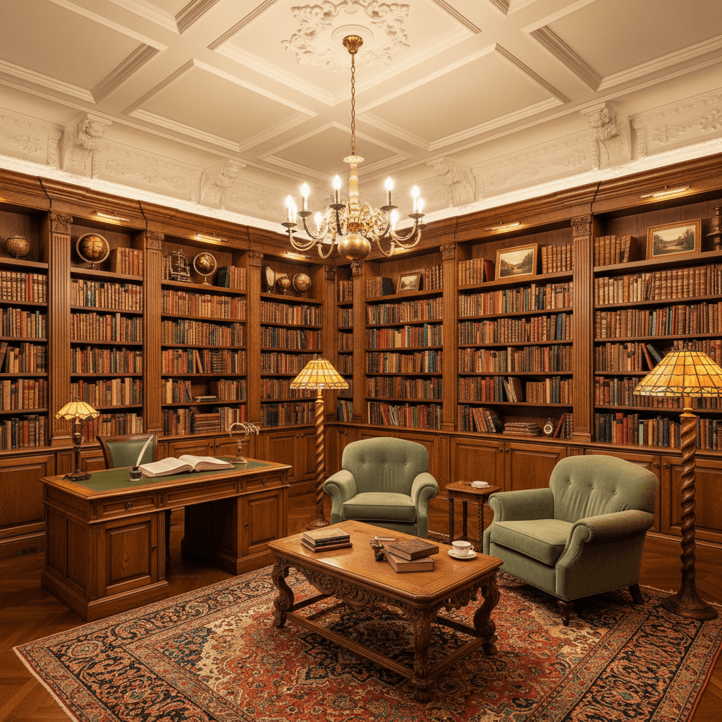 Generate an interior design for a traditional-style library featuring warm, rich colors and ornate details, with a warm, inviting atmosphere. The space should include wooden paneling, dark-stained oak furniture, and plush armchairs in a deep, muted green velvet. Richly patterned rug in a warm, earthy tone covers the hardwood floor, and floor lamps with intricately carved wooden shades cast a warm, golden glow. High ceilings with ornate moldings and intricate plasterwork add to the sense of luxury and sophistication, while leather-bound books and antique globes adorn the shelves, creating a cozy, studious ambiance. - Traditional Library or Reading Room designed with AI by Interiores AI