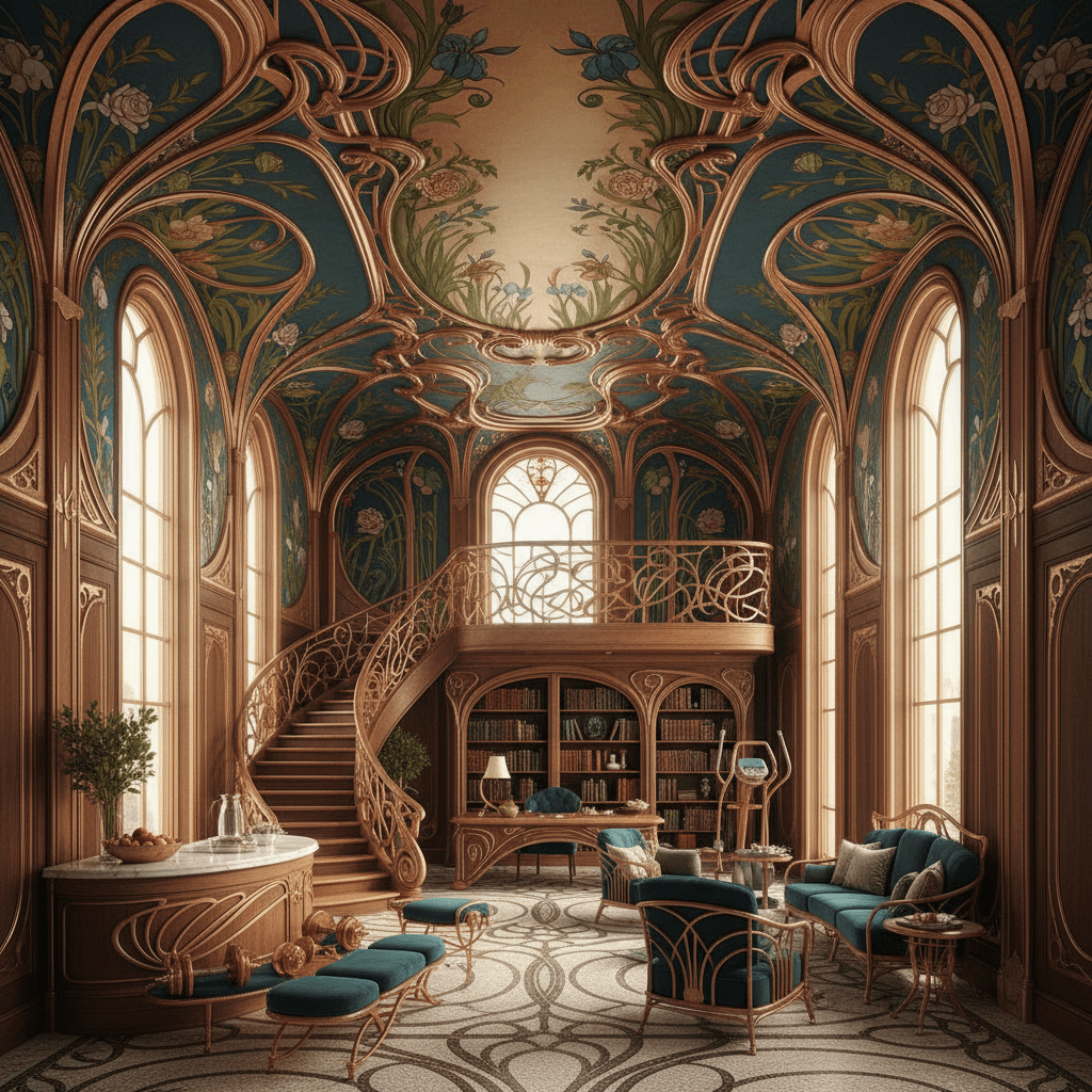 Design an Art Nouveau-inspired home gym with a luxurious, curved aesthetic. The space features a high ceiling with ornate, metallic molding and a sweeping, hand-painted ceiling mural depicting foliage and flowers. Walls are clad in rich, dark wood paneling, accented with golden trim and ornate metalwork. Floor-to-ceiling windows allow natural light to pour in, illuminating the space with a soft, warm glow. A stunning, curved wooden staircase ascends to a mezzanine level, where a beautifully crafted, hand-carved wooden desk and a floor-to-ceiling bookshelf await. The room is furnished with plush, velvet-upholstered exercise equipment, a curved, marble-topped counter for water and snacks, and a spacious, cushioned seating area with intricate, woven metalwork accents. Colors include rich greens, deep blues, and warm golds, with metallic accents in copper and bronze. - Art Nouveau Home Gym designed with AI by Interiores AI