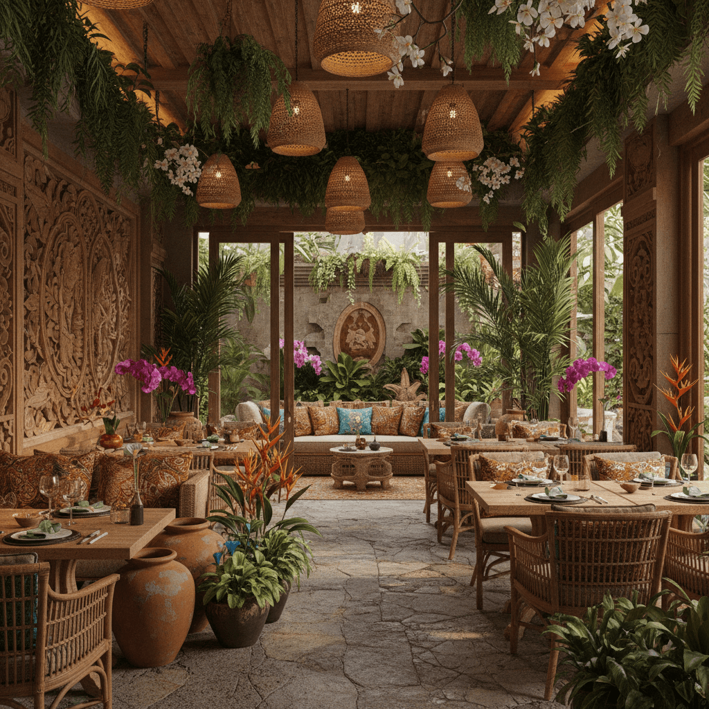 Create a serene and vibrant Bali-inspired restaurant with a natural, earthy aesthetic. Incorporate reclaimed teak wood accents and woven rattan furniture, set amidst lush greenery and potted palms. Earthy tones of terracotta, sienna, and sandy beige dominate the space, punctuated by bursts of bright tropical colors. Soft, golden lighting casts a warm glow on natural stone floors and walls adorned with traditional Balinese carvings. Hanging from the ceiling, woven jute lanterns add a whimsical touch, while floor-to-ceiling windows allow the scent of frangipani and incense to waft in, blending with the sounds of gentle Indonesian music. - Bali Restaurant designed with AI by Interiores AI