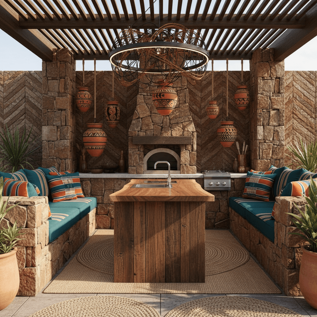 Generate a modern outdoor kitchen in a tribal style, blending earthy tones and natural materials with bold, geometric patterns. The space features a large stone hearth, surrounded by a U-shaped seating area with cushions in a vibrant turquoise and orange stripe fabric. The kitchen island is crafted from reclaimed wood and topped with a live-edge slab of walnut, with a stainless steel sink and a built-in gas grill. Earthy red and orange clay pots hang from the ceiling, suspended by rattan straps, adding warmth and texture to the space. Incorporate natural fibers like jute and sisal for the flooring and walls, with a dramatic light fixture made from woven steel and rattan. - Tribal Outdoor Kitchen designed with AI by Interiores AI