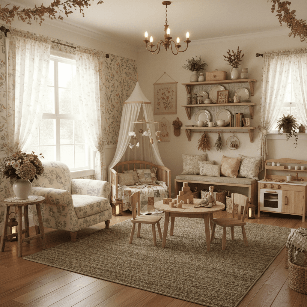 A beautiful Playroom designed in Cottagecore style. Transform this room into cottagecore while keeping layout. Use vintage-inspired furniture, floral fabrics, handmade accents, warm wood, and soft lighting. Add open shelving with ceramics, fresh flowers, and cozy textures for a pastoral, homey feel. The space features carefully selected furniture, harmonious colors, natural lighting, and thoughtfully placed decorative elements that create a welcoming and aesthetically pleasing atmosphere. - Cottagecore Game Room / Playroom designed with AI by Interiores AI