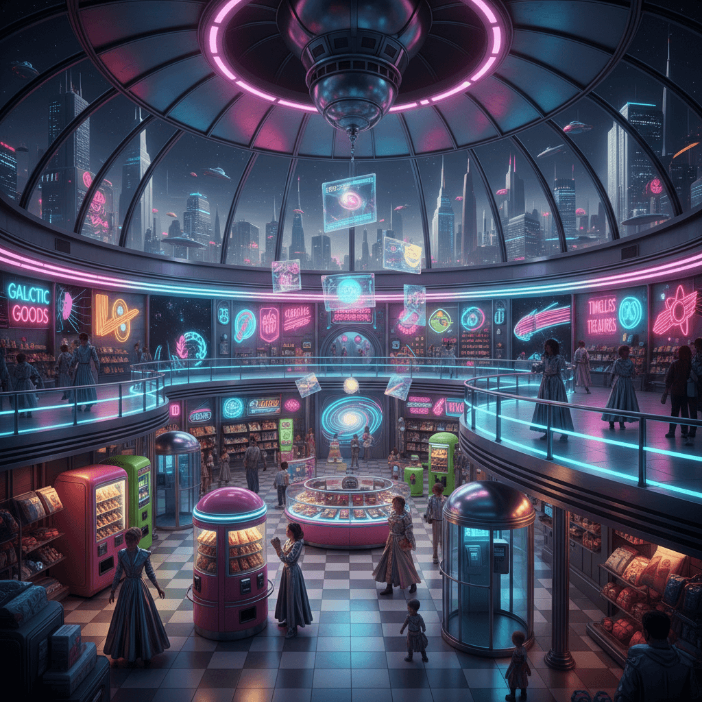 Design a futuristic retail store with a nostalgic twist, inspired by 1950s and 60s sci-fi. The space is a cylindrical, domed structure with a gleaming metallic surface, reminiscent of a retro-futuristic spaceship. The interior is filled with a vibrant color palette of neon pinks, blues, and yellows, with accents of chrome and silver. Floor-to-ceiling windows offer a stunning view of the cityscape, while a circular, elevated walkway provides a sense of elevated shopping experience. Retro-futuristic fixtures, such as vintage-style vending machines and telephone booths, are scattered throughout the space, adding a touch of nostalgia and whimsy. The walls are adorned with retro-futuristic art installations, featuring distressed, neon-lit graphics and futuristic typography. The atmosphere is lively and energetic, with a sense of excitement and possibility. - Retro Futuristic Retail Store designed with AI by Interiores AI