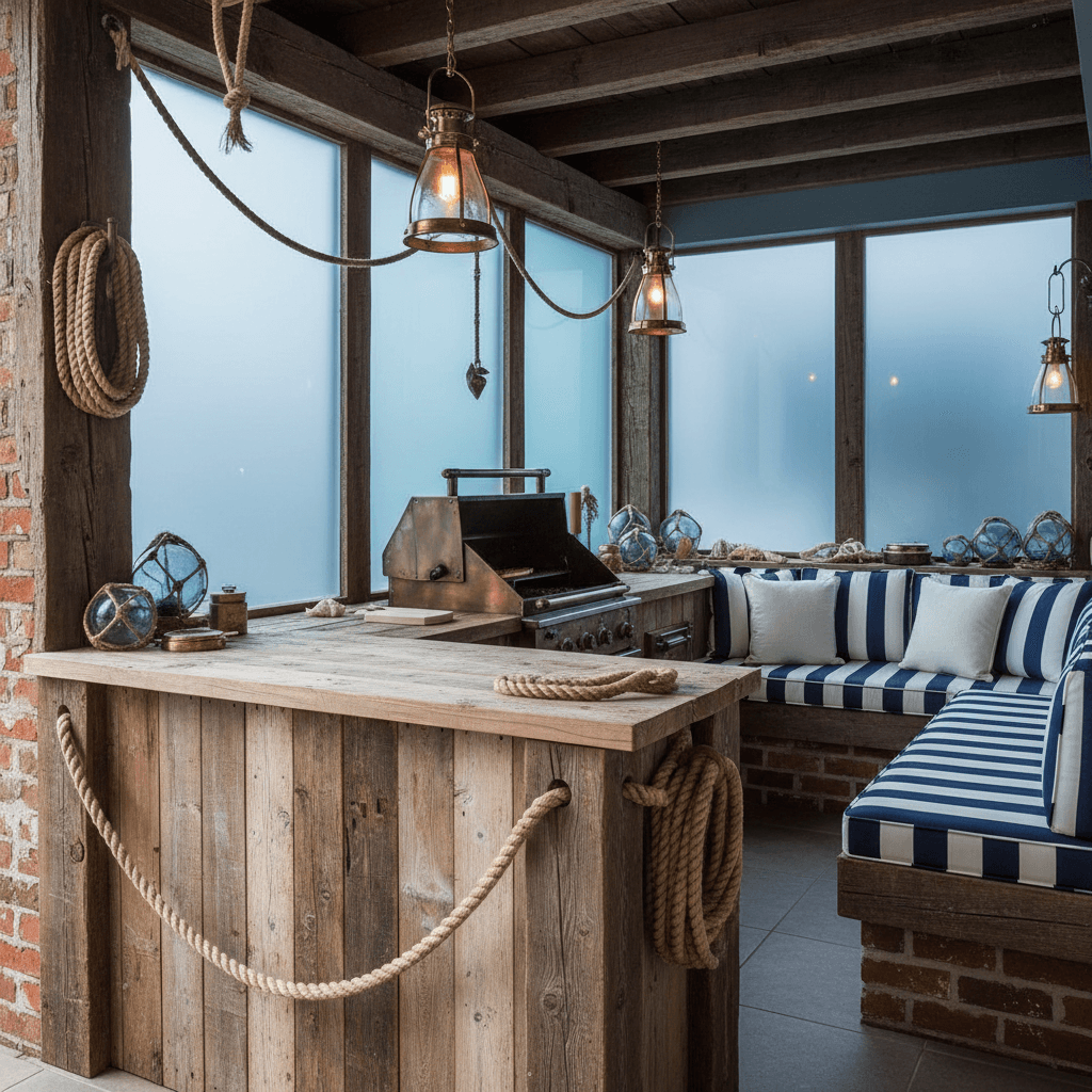 Generate an image of a nautical-themed grill area with a weathered wooden dock-style counter, surrounded by reclaimed wood beams and exposed brick, set against a backdrop of frosted glass windows with a blue-gray tint, evoking a seaside escape. The space features a rustic metal grill with copper accents, paired with a navy blue and white striped banquettes, and topped with crisp white linens and nautical rope details. Soft, warm lighting from pendant lanterns in distressed brass fixtures illuminates the space, while a dark wood beam ceiling and gray-blue walls complete the coastal, laid-back atmosphere. - Nautical Grill designed with AI by Interiores AI