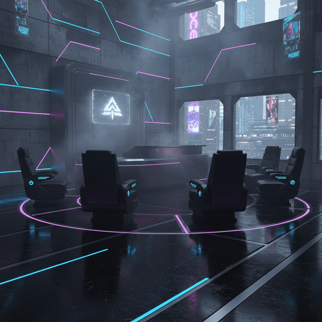 Create a futuristic reception area with a dark, edgy, and high-tech aesthetic, reminiscent of a dystopian cyberpunk city. The space is dominated by a sleek, black granite floor, punctuated by neon-lit accents and metallic accents in a polished chrome finish. Walls are clad in reclaimed, industrial-style concrete, with flickering LED strips embedded in the surface, casting an eerie glow. A futuristic, curved reception desk made of a dark, matte-finish metal material, such as titanium or aluminum, stands at the center of the space, surrounded by a ring of high-backed, black leather chairs with built-in, adjustable armrests. The room's atmosphere is intense and mysterious, with a haze of fog-like mist circulating through the air, adding to the sense of an underground, clandestine operation. - Cyberpunk Reception designed with AI by Interiores AI