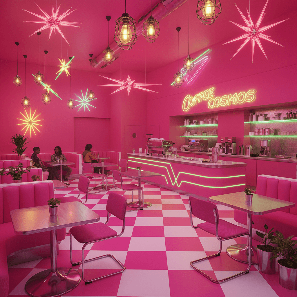 Design a vibrant Hot Pink coffee shop with a retro-futuristic twist. Walls and furniture in bold, electric hot pink hues (Pantone 258C) set the tone for a playful atmosphere. Accents of neon green (Pantone 342C) and sunshine yellow (Pantone 1235C) add a pop of fun. Industrial-chic metal chairs and tables in metallic silver and chrome finish complement the bold colors. Edison bulbs and neon signs in various shapes and sizes illuminate the space, casting a futuristic glow. A statement piece, a retro-style hot pink and white checkered floor, anchors the space. - Hot Pink Coffee Shop designed with AI by Interiores AI