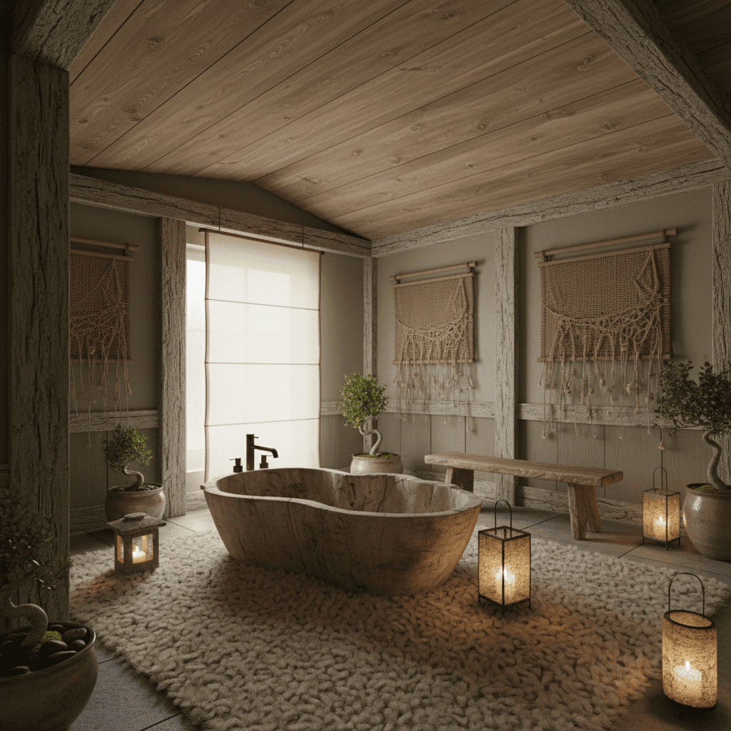Generate an intimate spa room with a Wabi-Sabi aesthetic, evoking a sense of imperfection and natural beauty. The space features earthy tones, weathered wood accents, and soft, muted colors. A worn, reclaimed wood tub sits amidst a plush area rug, surrounded by a few, carefully curated stone lanterns and a low, sweeping cedar ceiling. Woven bamboo and jute textiles adorn the walls, while a minimalist, hand-carved wooden bench and a few potted, moss-covered plants add organic texture. Soft, warm lighting from candle-like lanterns and subtle, ambient glow from a floor lamp create a calming, serene ambiance, inviting relaxation and tranquility. - Wabi-Sabi Spa / Sauna designed with AI by Interiores AI