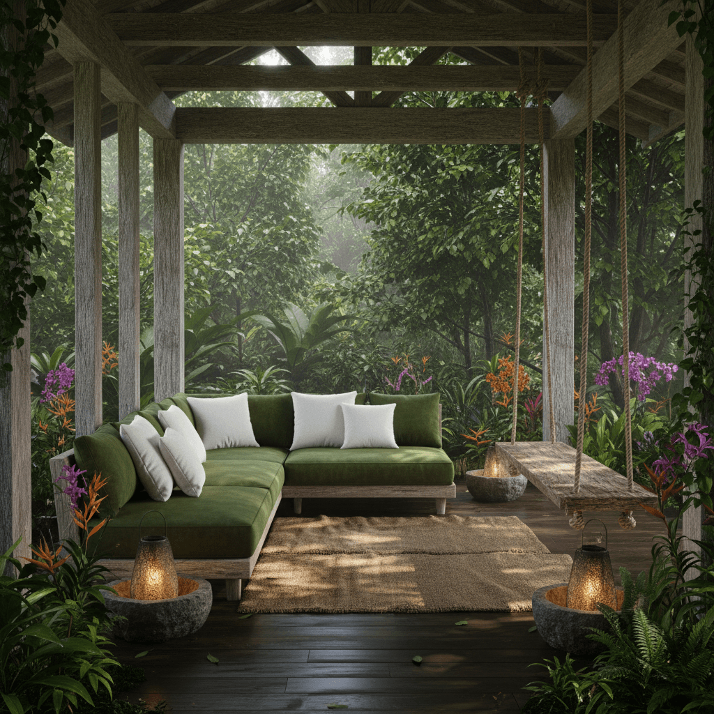 Create a serene Veranda in Natural Tropical style, set amidst a lush rainforest. The space features reclaimed wooden beams and columns, weathered to a warm, silvery gray. The floor is made of dark, rich hardwood, polished to a soft sheen. Woven seagrass mats in natural tones lead to a plush, oversized sectional sofa in a mossy green velvet, adorned with crisp white pillows. A wooden swing hangs from a sturdy oak beam, suspended above a natural fiber daybed. The atmosphere is relaxed, with dappled shade filtering through the leafy canopy above, and soft, golden light spilling from lanterns in natural stone basins. The surrounding foliage is a vibrant tapestry of greens, with exotic flowers and ferns adding pops of color. - Natural Tropical Veranda designed with AI by Interiores AI