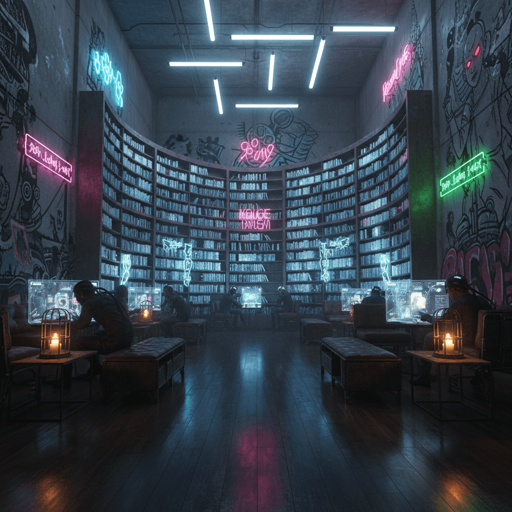Imagine a futuristic library with a dark, gritty aesthetic, where neon lights cast an eerie glow on the walls. The space is dominated by a sprawling, curved shelving unit made of weathered, metallic material, with rows of holographic book spines that seem to float in mid-air. The floors are made of polished, dark wood, and the air is thick with the hum of machinery and the soft glow of luminescent strips embedded in the ceiling. Rows of worn, industrial-style chairs are scattered about, with patrons huddled over holographic displays and cybernetic enhancements. The walls are adorned with gritty, graffiti-style murals depicting dystopian landscapes and rebellious icons, while the only soft lighting comes from a series of flickering, candle-like lamps placed on low tables, casting an otherworldly ambiance over the space. - Cyberpunk Library or Reading Room designed with AI by Interiores AI