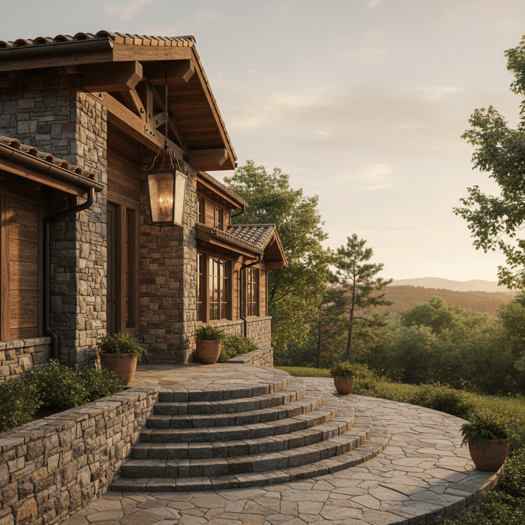 Design a Modern Rustic villa exterior with a warm and inviting façade, set amidst a lush landscape of rolling hills and mature trees. The exterior walls are clad in a combination of rough-hewn stone and reclaimed wood, with exposed wooden beams and metal accents adding a touch of industrial chic. Earthy tones of terracotta, sienna, and umber dominate the color palette, complemented by pops of green from the surrounding foliage. A large stone patio surrounds the villa, with a sweeping stone staircase leading up to the entrance, where a metal lantern hangs from the eaves, casting a warm golden glow over the entire scene. - Modern Rustic Villa Exterior designed with AI by Interiores AI