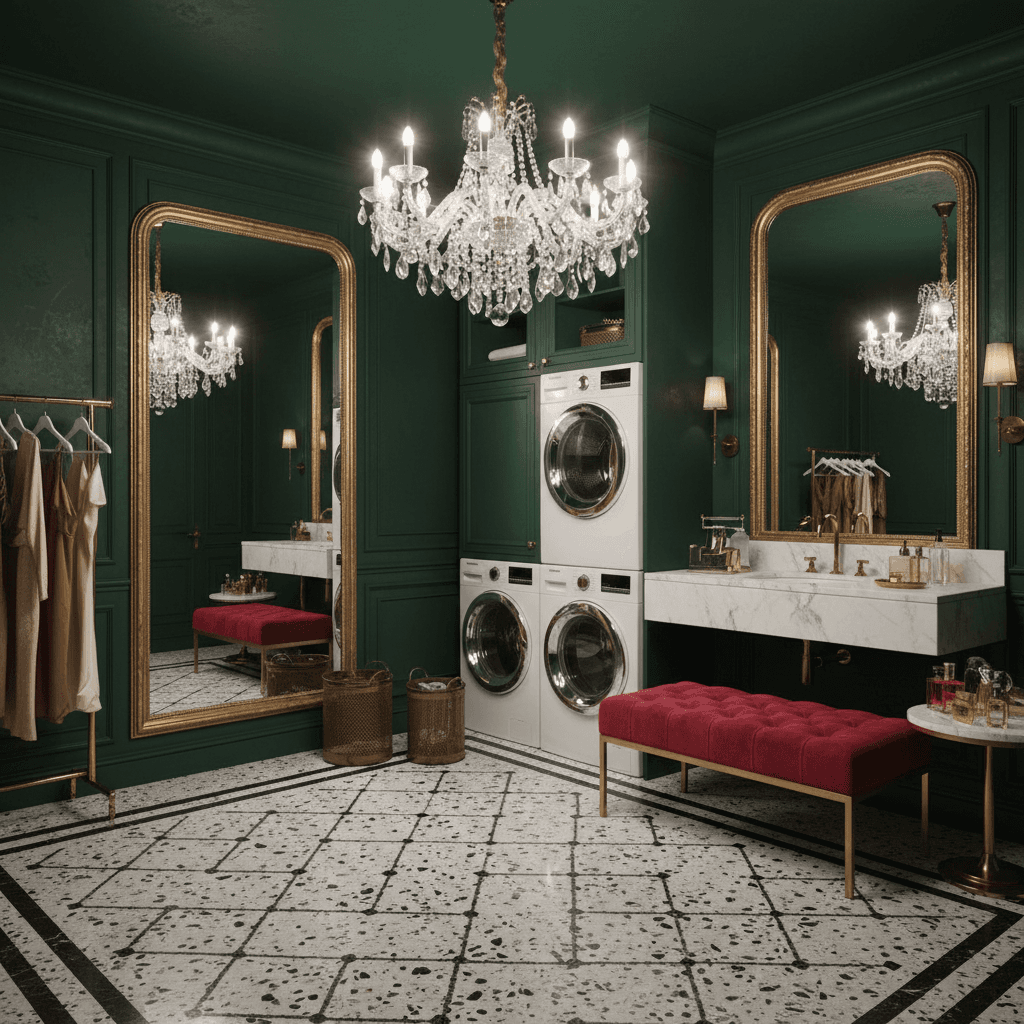 Create a Laundry Room that exudes old-school Hollywood glamour, reminiscent of the iconic studios of Tinseltown. This space should feature a rich, jewel-toned color palette with accents of gold and bronze. Walls should be painted a deep, luxurious emerald green, while the floor is covered in gleaming black and white terrazzo. A stunning, crystal-encrusted chandelier hangs from the ceiling, suspended above a sleek, white marble-topped vanity and a stylish, wall-mounted washer and dryer. A plush, velvet-upholstered bench in a rich, crimson red provides a chic spot to fold and put away laundry, while a stunning, floor-to-ceiling mirror adds a touch of old-school glamour to the space. - Hollywood Glam Laundry Room designed with AI by Interiores AI