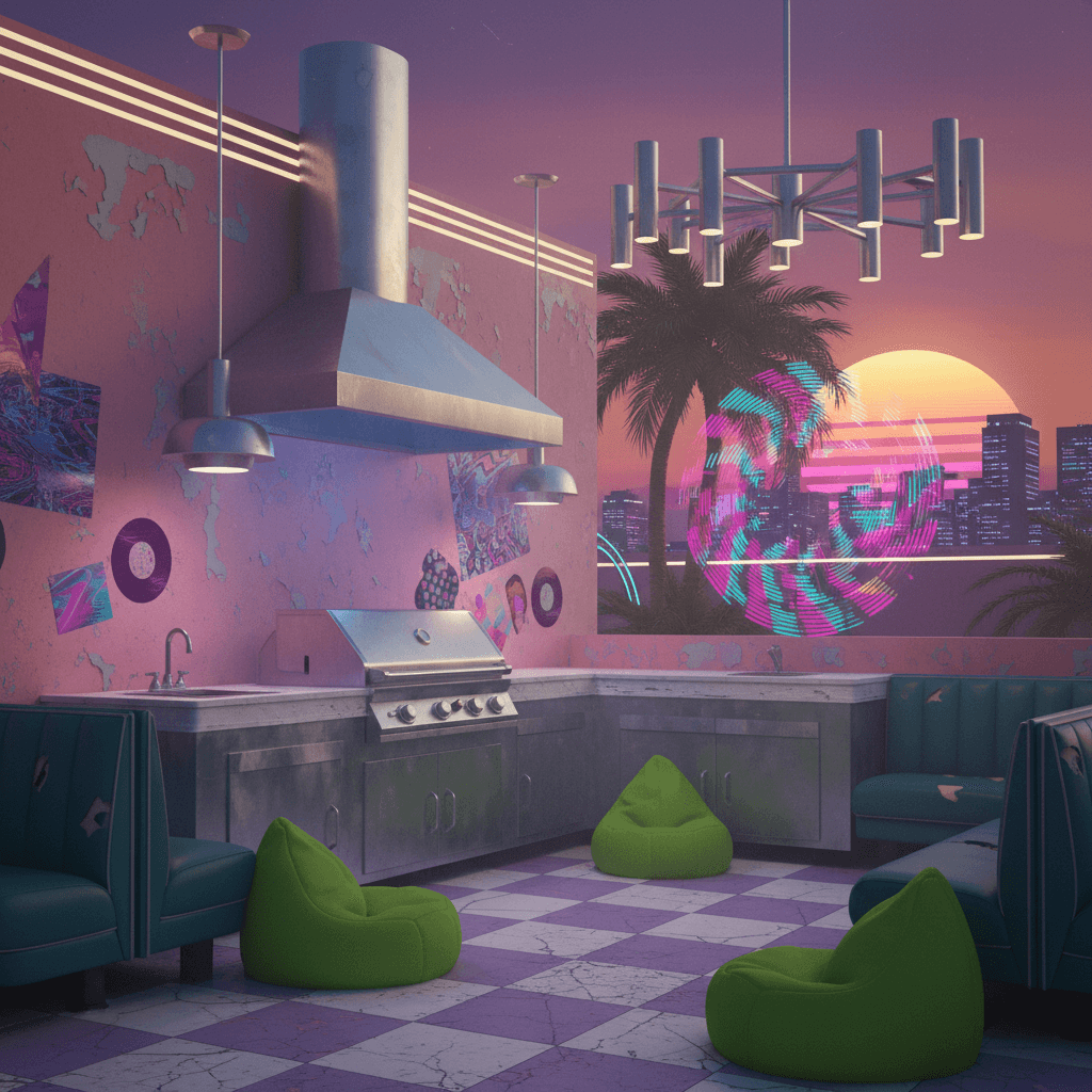 Create a Vaporwave-inspired Grill Area with distressed, retro-futuristic flair. Walls are painted a faded, pastel pink (Pantone 258C) and adorned with vinyl decals of distorted, glitch-art patterns. A worn, silver metallic color scheme is used for the grill, countertops, and pendant lighting, reminiscent of retro sci-fi. Worn, vinyl booths in a deep, rich teal (Pantone 2965C) line the perimeter, surrounded by plush, neon-green (Pantone 342C) bean bag chairs. A retro-futuristic, minimalist chandelier hangs above the grill, its cylindrical shades reflecting a mesmerizing, kaleidoscope of colors. The atmosphere is one of nostalgia and decay, with a hint of futuristic optimism. - Vaporwave Grill designed with AI by Interiores AI