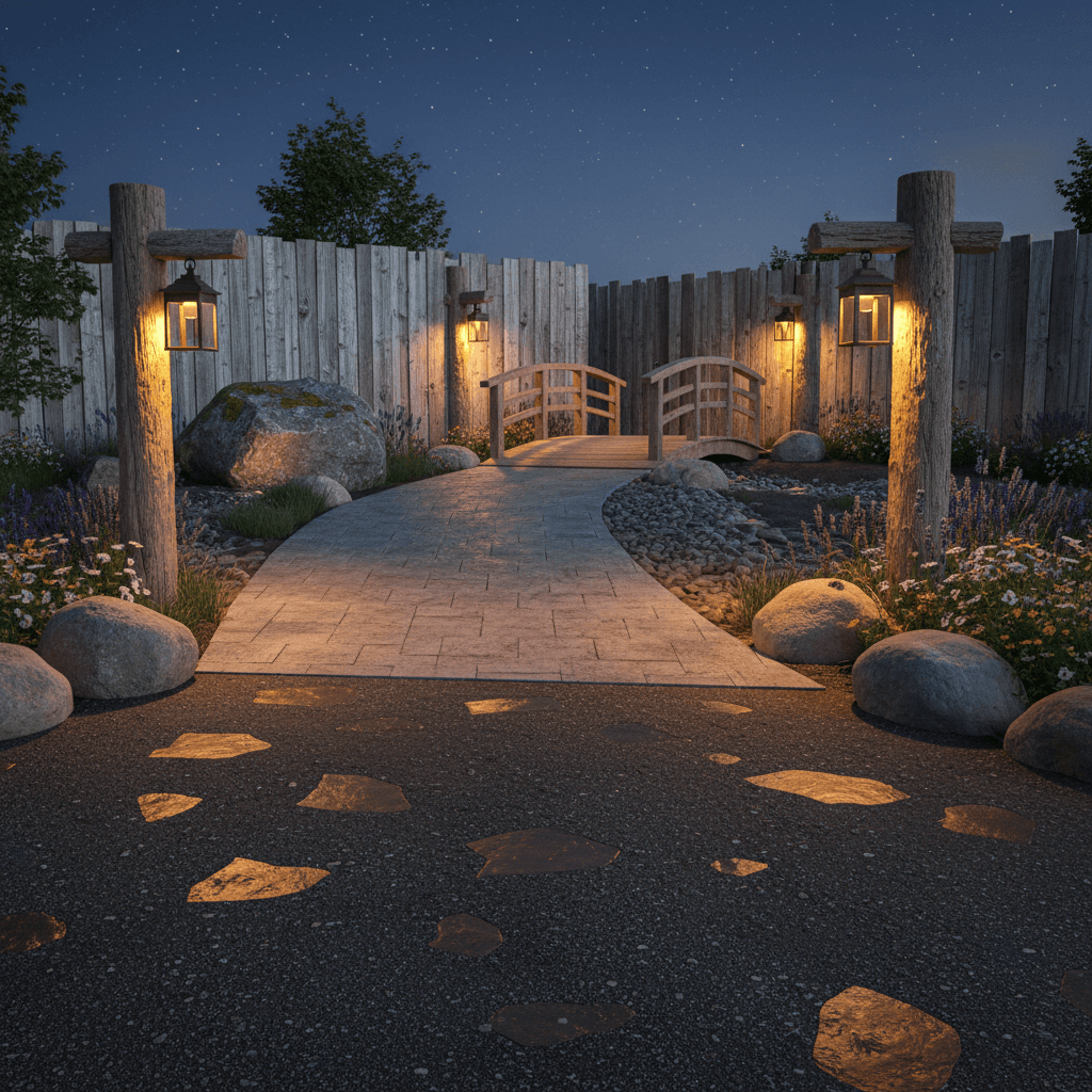 Create a Modern Rustic driveway entrance featuring a rustic concrete paver pathway surrounded by weathered wood lantern posts, set against a backdrop of reclaimed barn wood fencing, with a warm golden lighting scheme, and complemented by a meandering wooden bridge leading to a large stone boulder, situated on a sloping driveway surface made of dark gray asphalt, accented with copper-toned metal stepping stones, and finished with a scattering of wildflowers and a few well-placed boulders in shades of gray, beige, and tan, all set against a clear night sky with a few stars shining through. - Modern Rustic Driveway designed with AI by Interiores AI