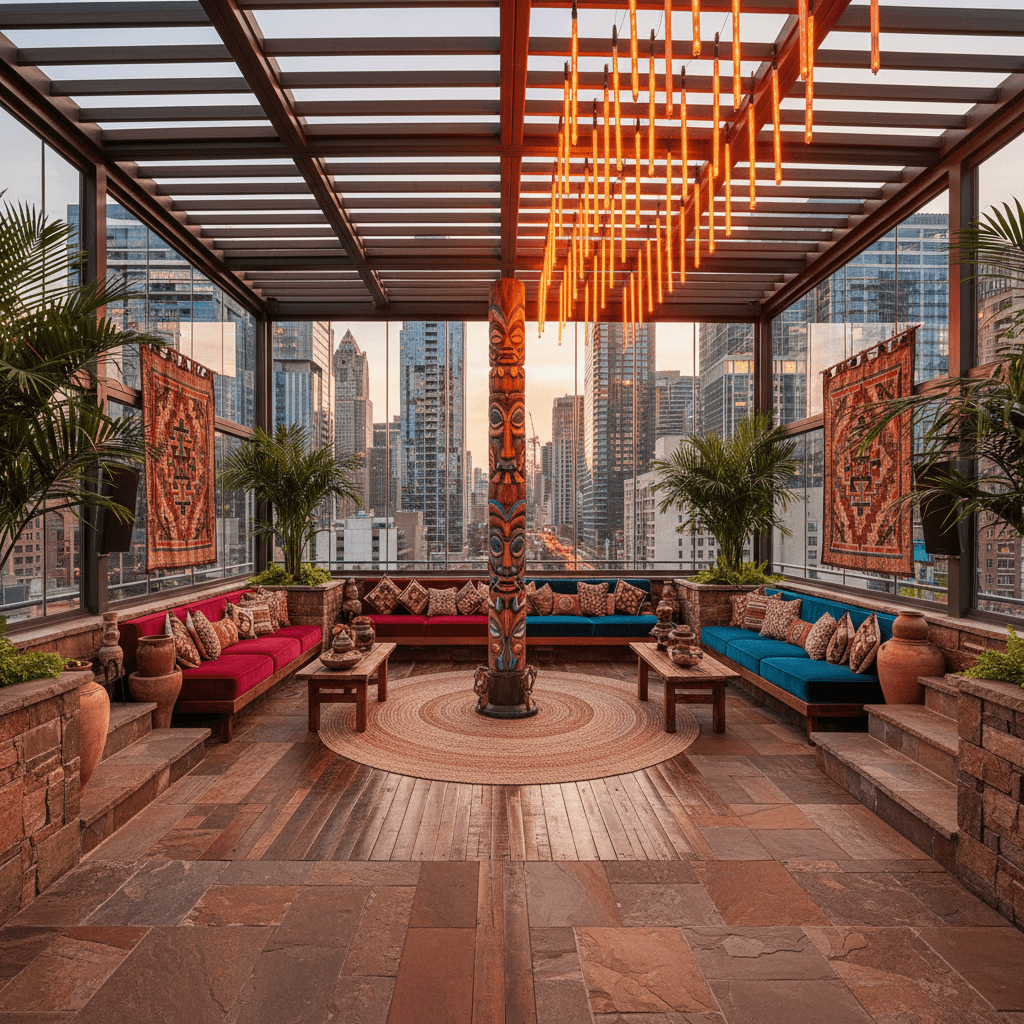 Design a vibrant rooftop oasis inspired by tribal cultures, set amidst a bustling cityscape. The space is approximately 1,000 sqft, with a retractable roof and floor-to-ceiling glass walls. Materials include reclaimed wood, natural stone, and woven fibers. Earthy tones and rich textures dominate the palette: terracotta, sienna, and umber hues complement turquoise, coral, and golden accents. The atmosphere is lively and eclectic, with vintage tribal artifacts and handwoven rugs scattered throughout. A dramatic LED light installation evokes the warmth of a tropical sunset, while a statement piece – a hand-carved wooden totem – stands sentinel at the space's center, surrounded by plush sectional sofas in deep, rich colors. - Tribal Rooftop designed with AI by Interiores AI