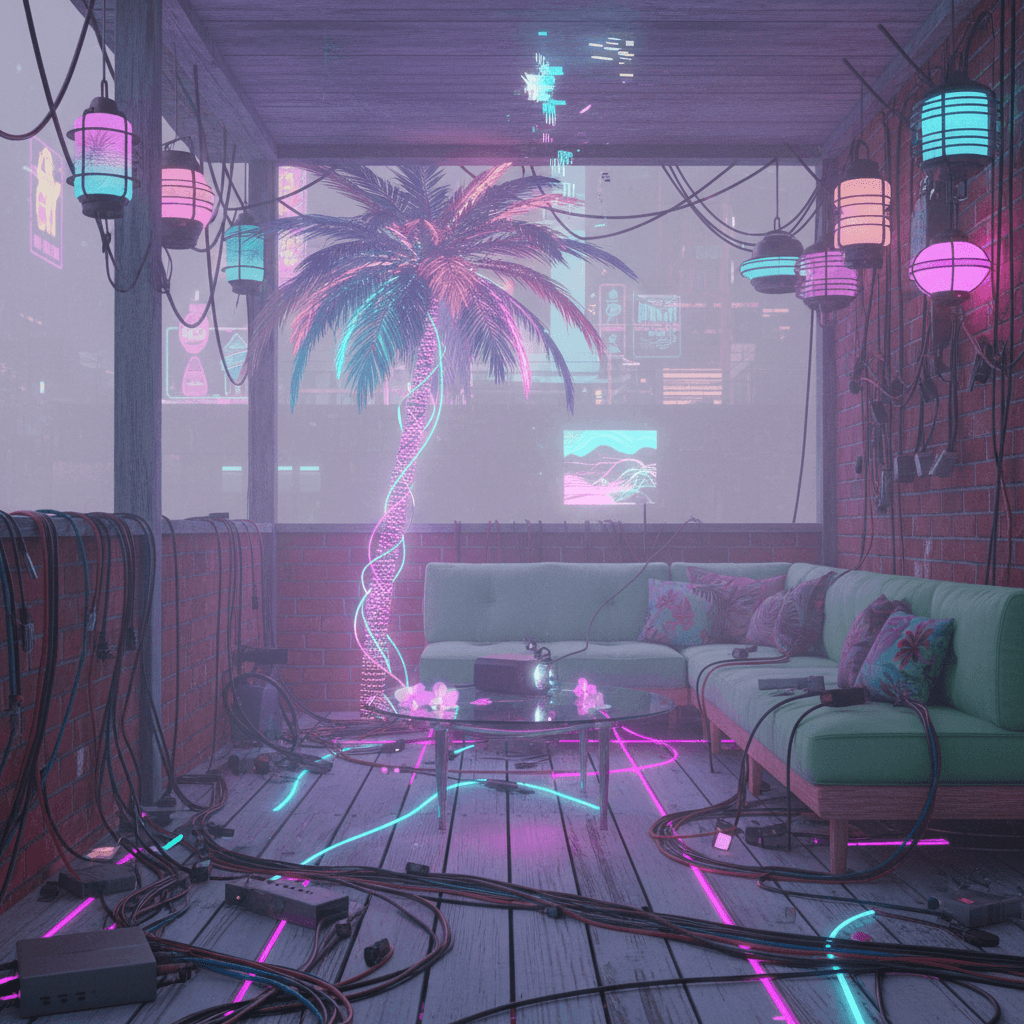 Design a dimly lit, futuristic porch with a Vaporwave aesthetic, where pastel-hued, distorted tropical motifs clash with industrial elements. Incorporate worn, neon-lit wooden slats, covered in a tangled mess of vintage computer cables and fluorescent wire. A faded, oversized palm tree silhouette hangs from the ceiling, its trunk wrapped in a mesh of glowing, fiber-optic " vines". A low-slung, pastel-colored sectional sofa in a soft mint green hue is positioned against a worn, brick-red railing, where a sprinkling of retro-futuristic, space-age lanterns casts an ethereal glow. The air is thick with the scent of blooming orchids and the distant hum of an abandoned arcade. - Vaporwave Porch designed with AI by Interiores AI