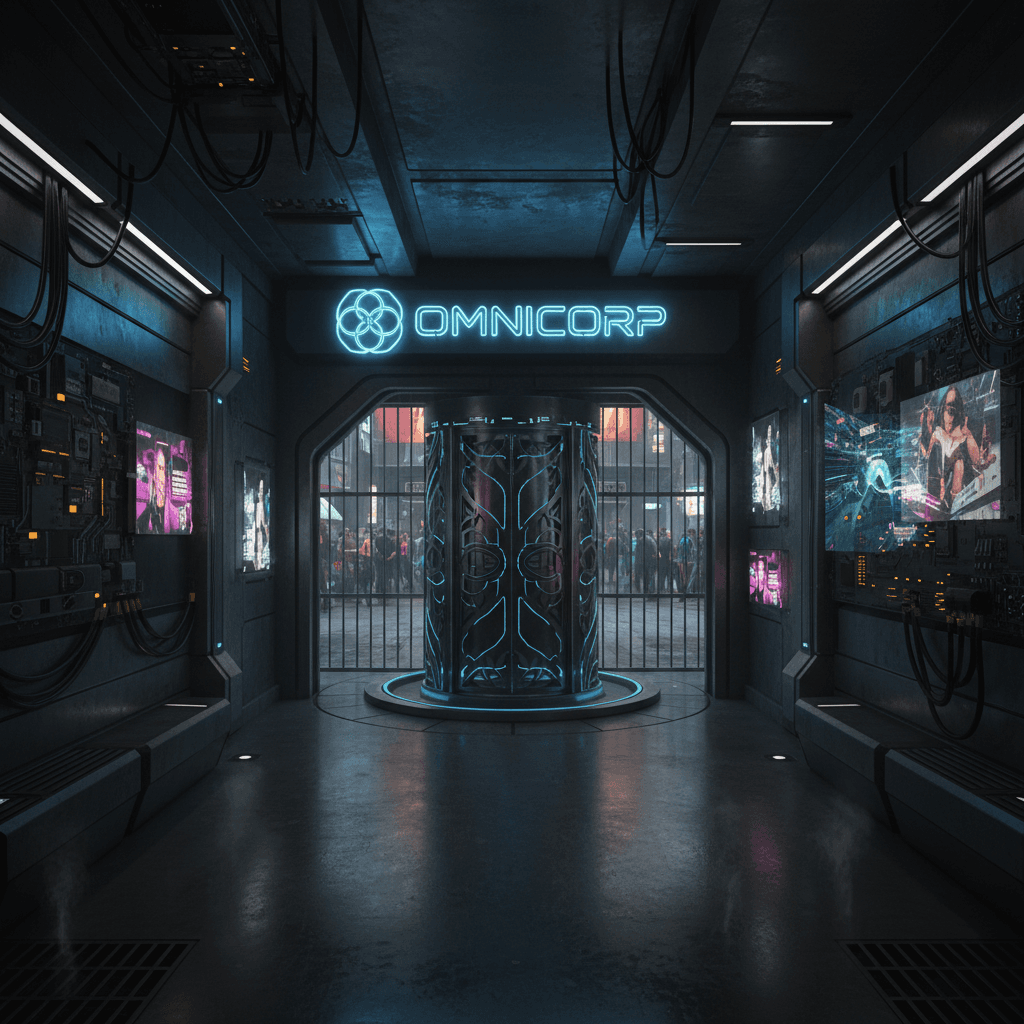 Design a futuristic entrance hall with a dark, gritty, and high-tech aesthetic, characteristic of the Cyberpunk universe. The space is a dimly lit, cramped corridor with a low ceiling, lined with sleek, metallic surfaces and neon-lit advertisements. Walls are adorned with holographic displays and circuit boards, while the floor is made of polished concrete. A glowing, neon-blue neon sign with the logo of a major corporation looms above the entrance, casting an eerie glow. The air is thick with the hum of machinery and the distant chatter of pedestrians. A solitary, ornate elevator rises from the floor, its metal exterior etched with intricate, metallic filigree. The atmosphere is tense and foreboding, with a sense of danger lurking around every corner. Materials: metallic surfaces, polished concrete, neon lights, holographic displays, circuit boards. Colors: dark grays, metallic silvers, neon blues. Lighting: dim, with an emphasis on neon and holographic lights. Furniture - Cyberpunk Entrance / Porch designed with AI by Interiores AI