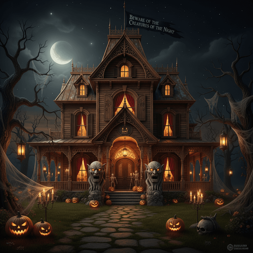 Create a spooky and inviting Halloween-themed house exterior featuring a Victorian-style mansion with a warm, golden color palette, adorned with intricate wooden carvings and ornate metalwork, set against a dark, starry night sky. The façade is surrounded by a winding stone path lined with tall, sentinel trees, their branches heavy with cobwebs and ghostly lanterns. A large, arched doorway is flanked by two massive stone statues of ghouls, their eyes glowing with an eerie, orange light. The roof is capped with a tattered, black banner bearing the phrase "Beware of the Creatures of the Night" in bold, silver letters, while the windows are dressed in flowing, red curtains with a subtle, spider-web pattern, and the shutters are adorned with carved, jack-o'-lanterns. - Halloween House Exterior designed with AI by Interiores AI