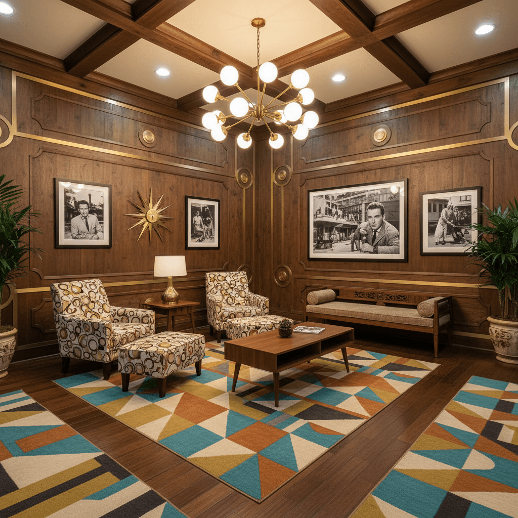 Create a retro-style entrance with a nostalgic flair, featuring a warm and inviting atmosphere. Incorporate vintage elements, such as distressed wood paneling and metallic accents, into the design. The floor is made of rich, dark hardwood, complemented by bold, geometric-patterned rugs in shades of turquoise, yellow, and orange. A statement light fixture, resembling a vintage sputnik chandelier, hangs from the ceiling, casting a warm glow over the space. Comfortable, plush armchairs and ottomans in a bold, graphic print fabric are placed in front of a vintage-style wooden bench, adding a touch of retro charm to the entrance. - Retro Entrance / Porch designed with AI by Interiores AI