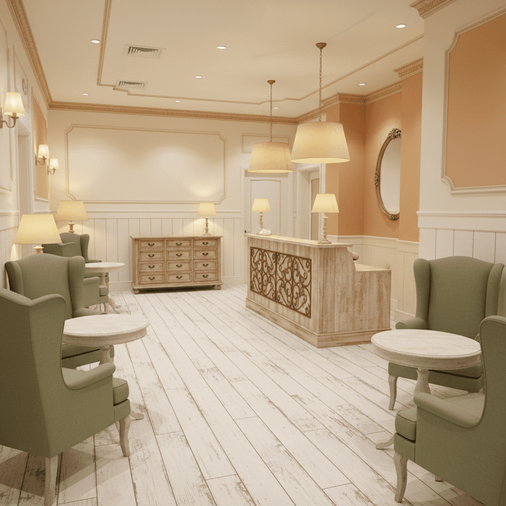 Design a medical office with a Shabby Chic aesthetic, incorporating vintage and distressed elements. The space features cream-colored walls, adorned with white shiplap paneling and ornate gold leaf molding. Soft, peach-hued walls and floors made of distressed white oak add warmth and coziness. Comfortable, high-backed armchairs in a soft sage green fabric are placed in conversation areas, while a vintage-inspired wooden desk with ornate metalwork serves as a reception counter. Warm, golden lighting is provided by pendant lamps and table lamps with soft shades, creating a welcoming atmosphere. A distressed wooden storage cabinet with soft-close drawers adds a touch of rustic charm. The overall design exudes a sense of warmth, comfort, and elegance, perfect for a medical office that prioritizes patient care and relaxation. - Shabby Chic Medical Office designed with AI by Interiores AI