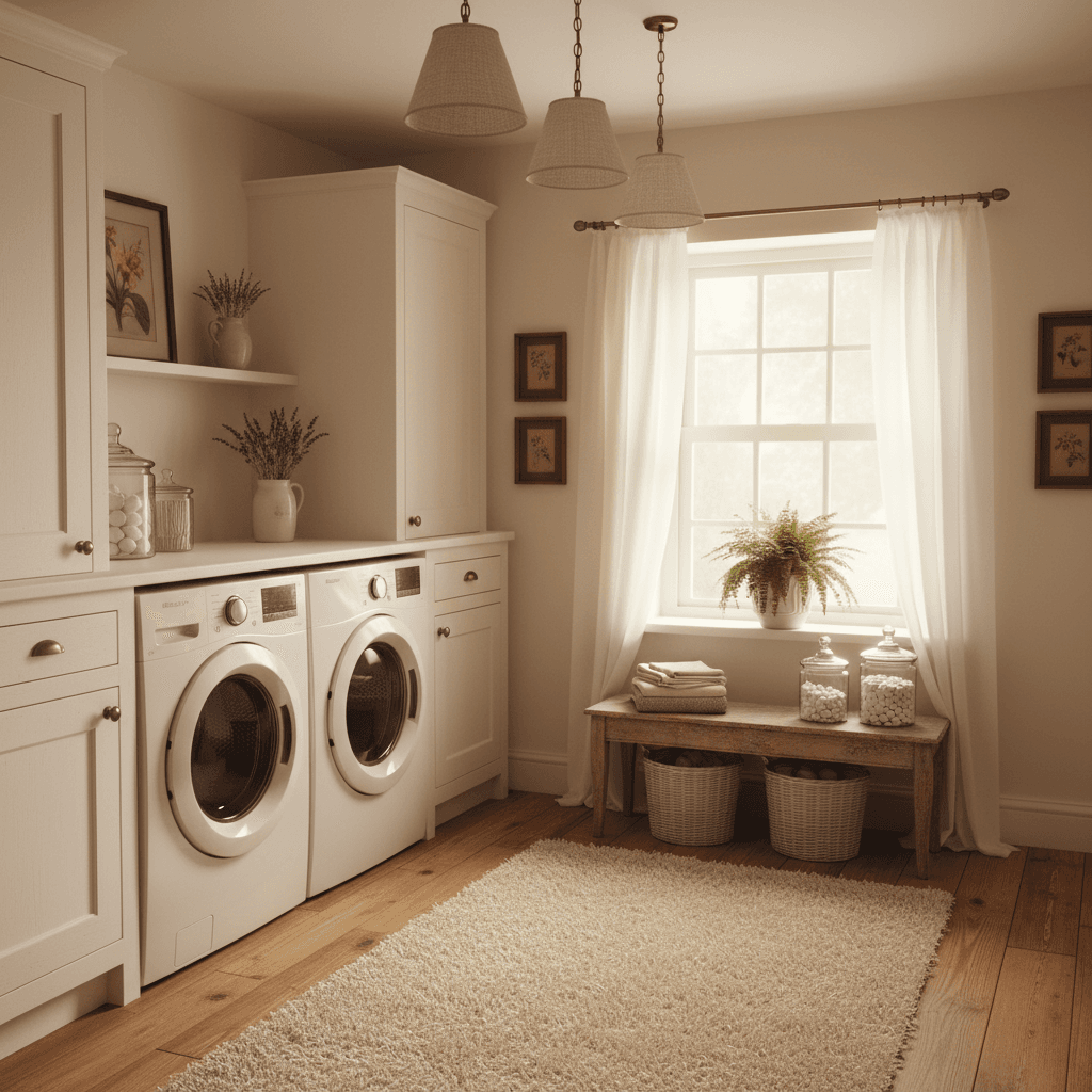 Design a cozy laundry room in Cottagecore style, reminiscent of a charming English countryside cottage. The space should feature warm, earthy tones and vintage charm. Walls are painted a soft, creamy white (Benjamin Moore's "Snowfall White"). The floor is made of distressed wood planks in a warm honey color. A plush, cream-colored shag rug adds warmth underfoot. Soft, warm lighting comes from a collection of vintage-style pendant lamps with linen shades. White-washed wooden cabinets with ornate metal hardware house a combination washer and dryer. A distressed wood bench with a woven basket seats and stores laundry supplies. The room's focal point is a large, old-fashioned window with white-painted wood trim and a soft, flowing white curtain. Greenery, such as a potted fern, adds a touch of natural elegance. The overall atmosphere is calm, serene, and inviting, perfect for a cozy retreat. - Cottagecore Laundry Room designed with AI by Interiores AI