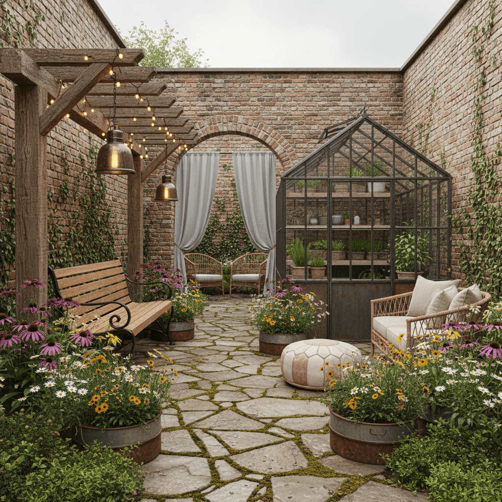 Design a Garden in Soft Industrial style, featuring a mix of reclaimed wood, metal accents, and lush greenery. The space should evoke a sense of rustic elegance, with a neutral color palette of weathered wood, mossy stone, and soft grey skies. Incorporate exposed brick walls, metal planters, and reclaimed wood furniture, such as a weathered wood bench and a metal frame greenhouse. Add warm, golden lighting from pendant lamps made from metal lanterns and string lights wrapped around wooden posts. Include a variety of soft, billowy fabrics in natural hues, such as cotton drapes and a Moroccan-inspired pouf. A meandering stone path, lined with small metal planters and overflowing with a mix of wildflowers and greenery, should lead visitors through the garden, creating a sense of serenity and connection to nature. - Soft Industrial Garden designed with AI by Interiores AI