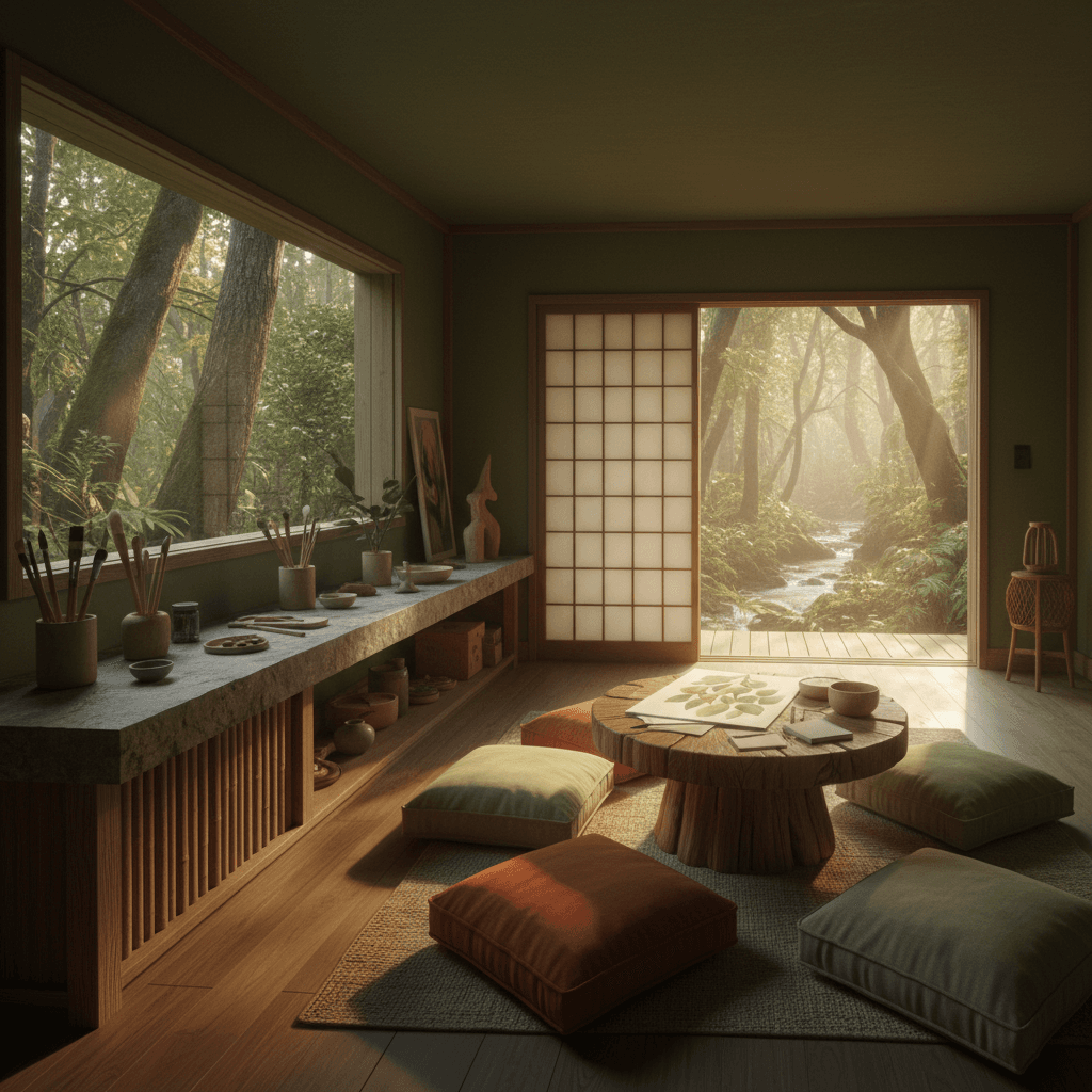 Imagine a serene Creative Workshop nestled in a tranquil forest, where natural light filters through the canopy above, casting dappled shadows on the polished wooden floor. Walls are painted a soothing moss green, and the air is filled with the scent of sandalwood and cedar. A low-slung wooden counter, crafted from reclaimed bamboo, stretches along one wall, topped with a natural stone slab. A floor-to-ceiling shoji screen filters the sunlight, separating the workspace from the forest surroundings. Plush cushions in muted hues invite lounging, while a low-slung, hand-carved wooden table beckons creative expression. Earthy tones and organic textures, evoking the natural world, inspire artistic freedom and mental clarity. - Zen Creative Workshop designed with AI by Interiores AI